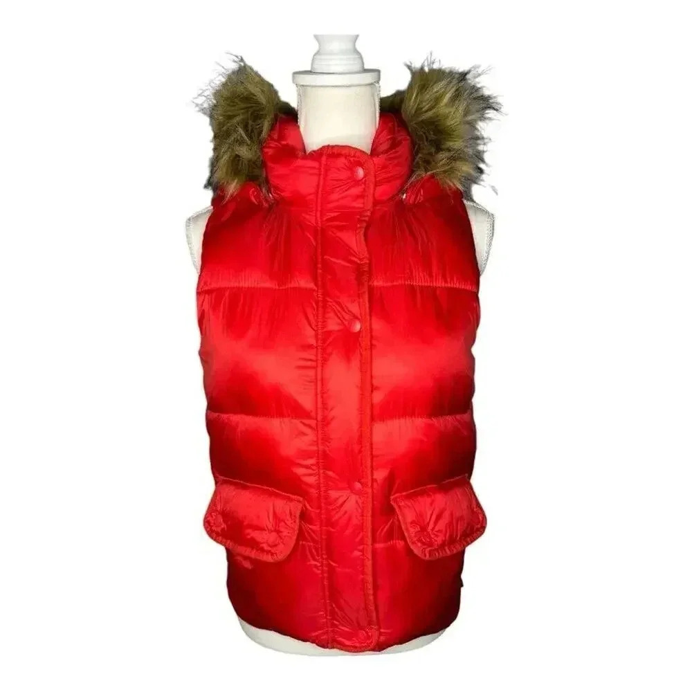 Abercrombie & Fitch Small Red Faux-Fur Trimmed Hooded Sleeveless Puffer Jacket